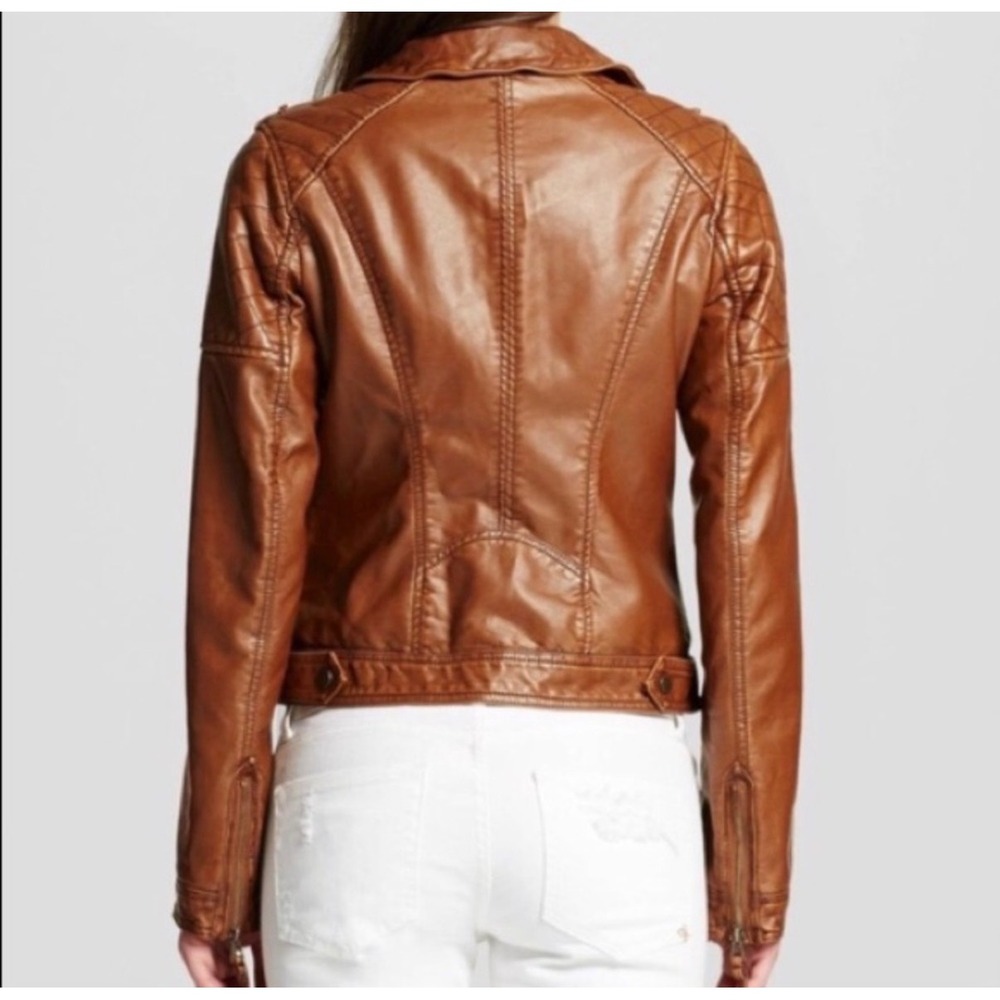 Xhilaration Womens Brown Faux Leather Moto‎ Jacket Quilted Shoulder Edgy Size L - Picture 2 of 14